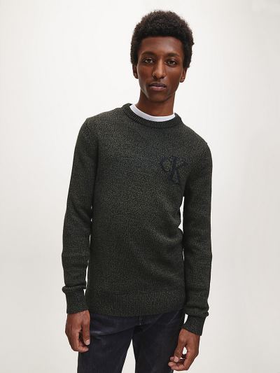 Calvin Klein Ruhák HU686775 | Calvin Klein Heathered Cotton Wool Férfi Pulóver MélyOlivazöld